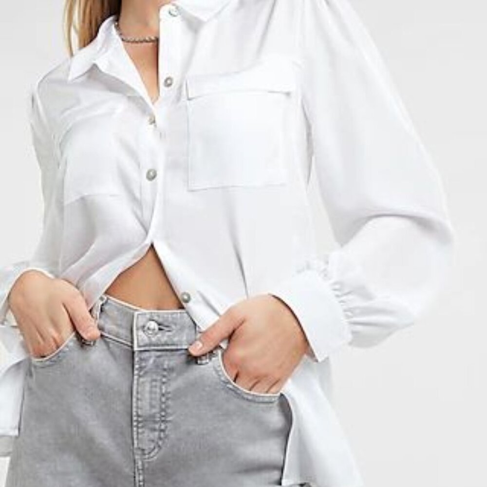 EXPRESS Satin Flap Pocket Shirt White Buttondown Top Blouse Semi-Sheer
